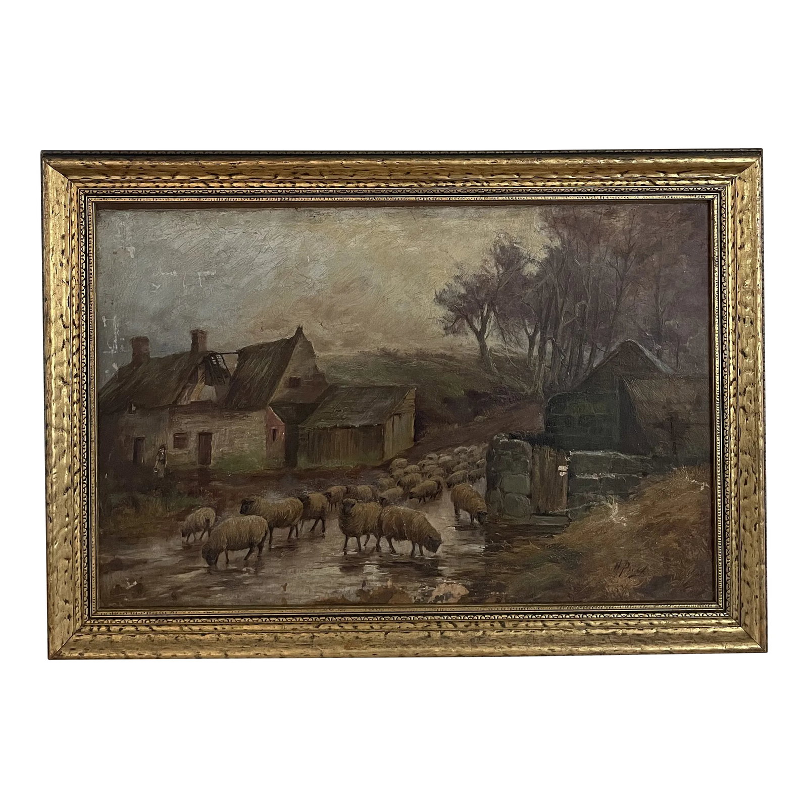 Signed Farm Oil Painting: Signed oil on canvas of farm/sheep in gilded frame. Condition: Alterations: Original Condition Unaltered Imperfections: Some Imperfections Condition Notes: Some light wear do painting, does not take