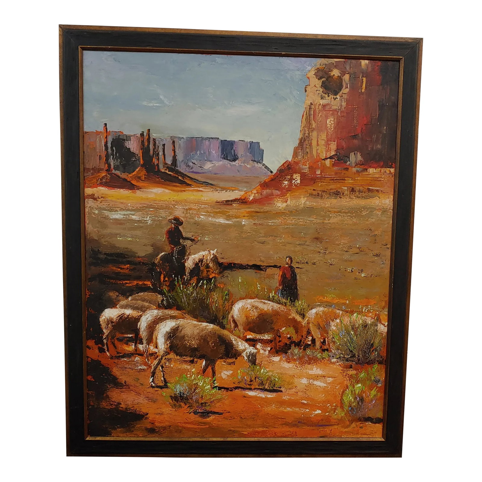 1970s Signed Southwestern Landscape Oil Painting, Framed: Here's a beautiful large scale oil on canvas painting by noted artist Florence Winn (1928-2023), Upstate New York artist and co-founder of Adirondack Art Association Gallery in Essex, New York. She