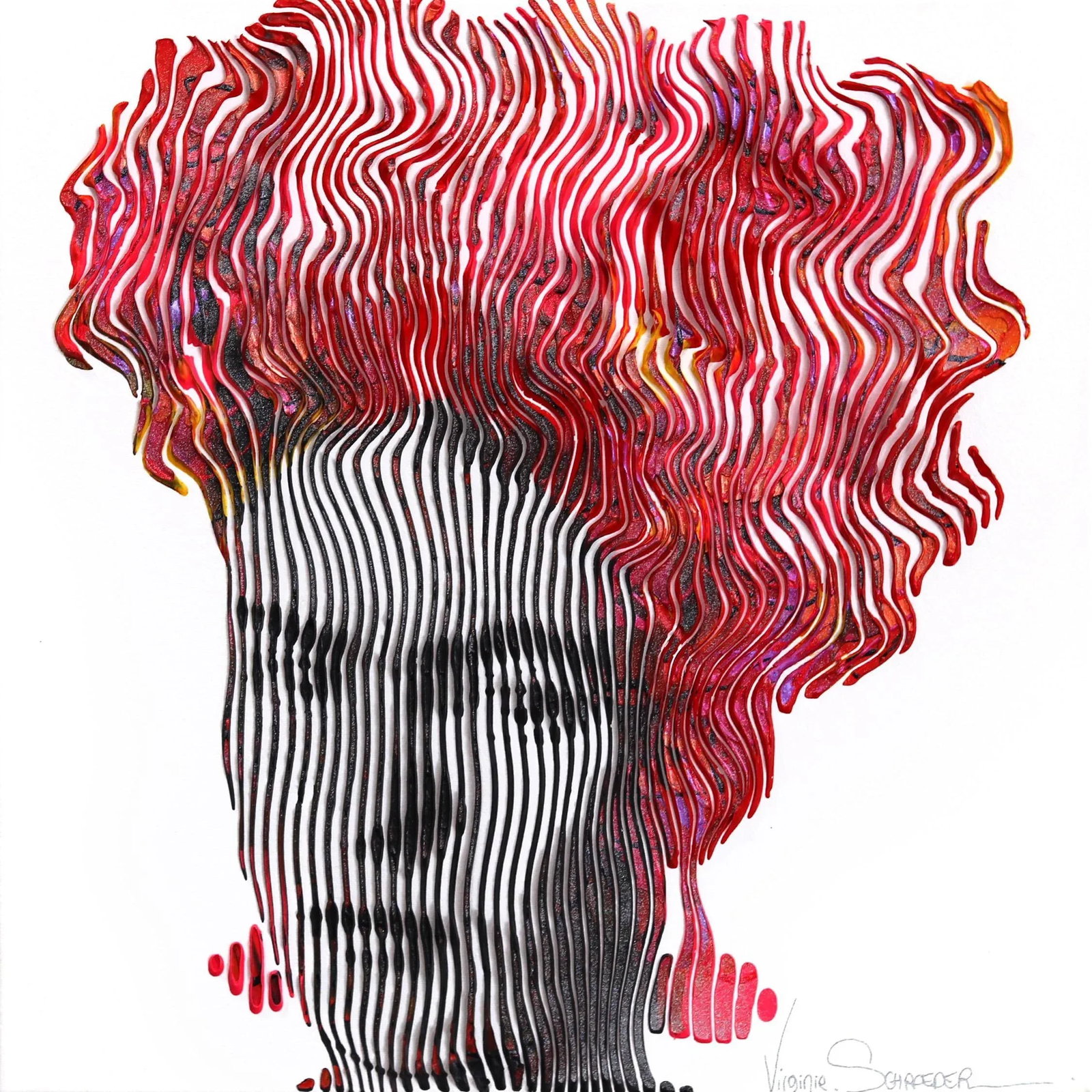 Frida Kahlo a Strong Sweetness and Unique Talent Original Artwork by Virginie Schroeder: Canadian artist Virginie Schroeder uses thick textural, playful lines, and other geometric forms to create works with subjects that are not immediately visible when seen up close. Verbal and