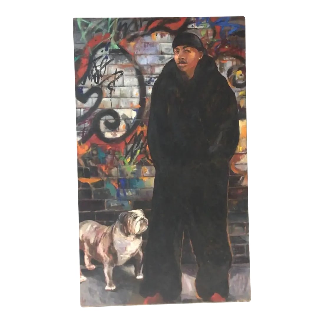 Early 21st Century Large Portrait of a Man & Dog Graffiti Oil on Canvas Painting: Large oil on canvas of man and his dog in front of building. Condition: Alterations: Unknown Imperfections: Some Imperfections Condition Notes: Good Wear consistent with age and use. Materials &