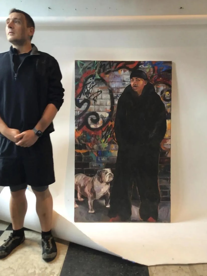 Early 21st Century Large Portrait of a Man & Dog Graffiti Oil on Canvas Painting - 2