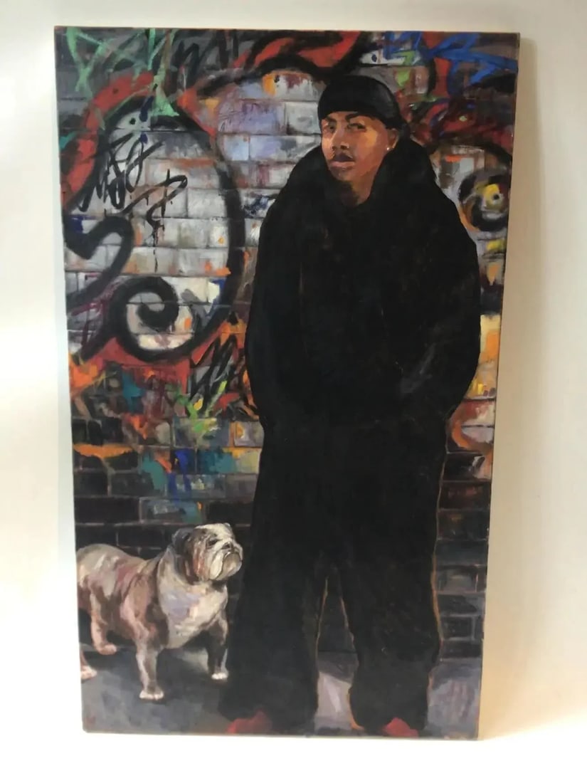 Early 21st Century Large Portrait of a Man & Dog Graffiti Oil on Canvas Painting - 3