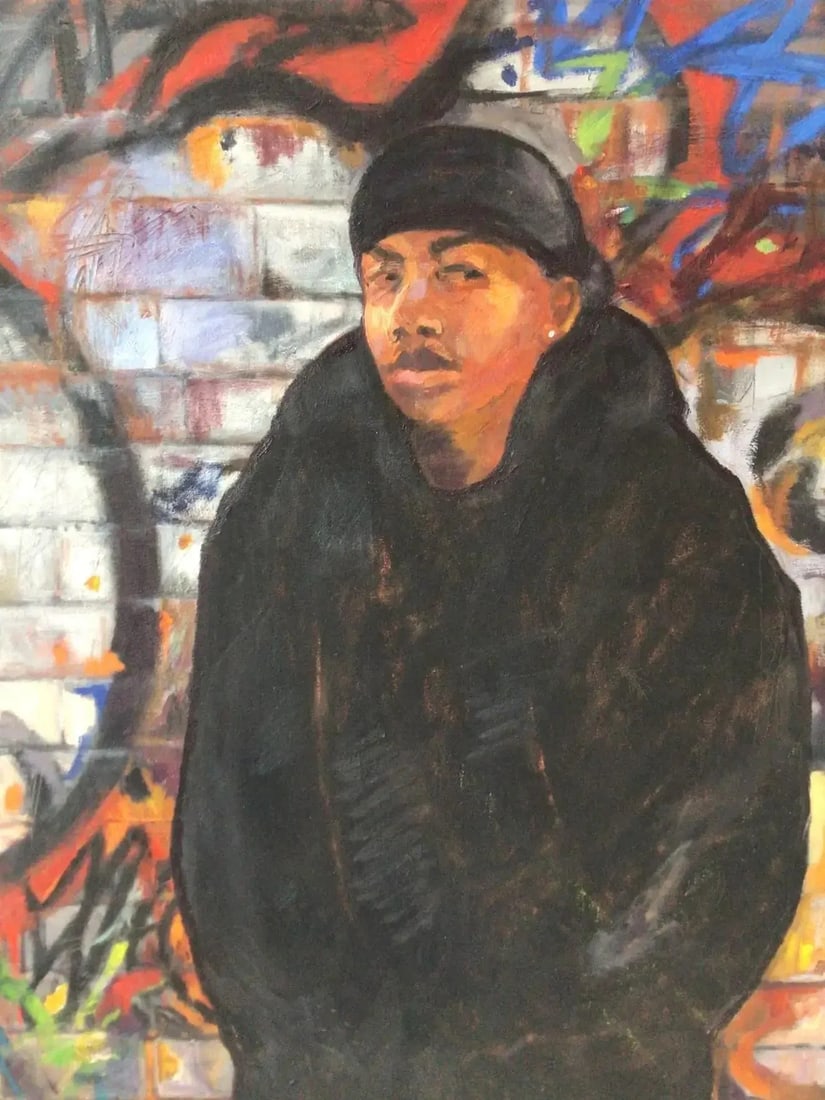 Early 21st Century Large Portrait of a Man & Dog Graffiti Oil on Canvas Painting - 4