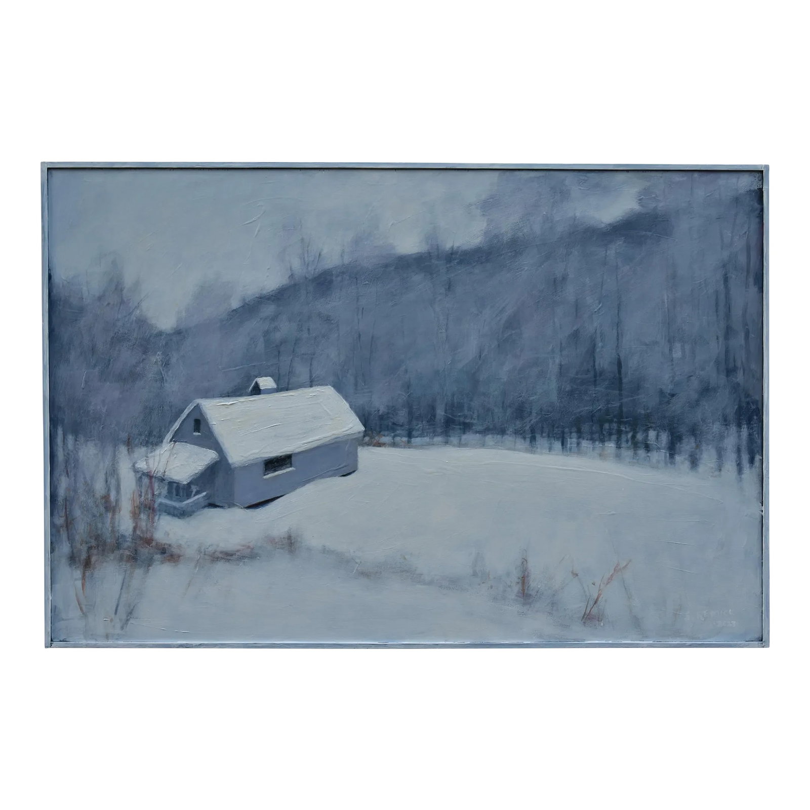 Gray Camp in Snow, by Stephen Remick. Contemporary Acrylic Landscape Painting.: A seldom used camp deep in the Vermont woods. Its colors blending in with the silence of winter. This is professional grade acrylic paint on a 16" high by 24" wide wood panel. It's framed with a