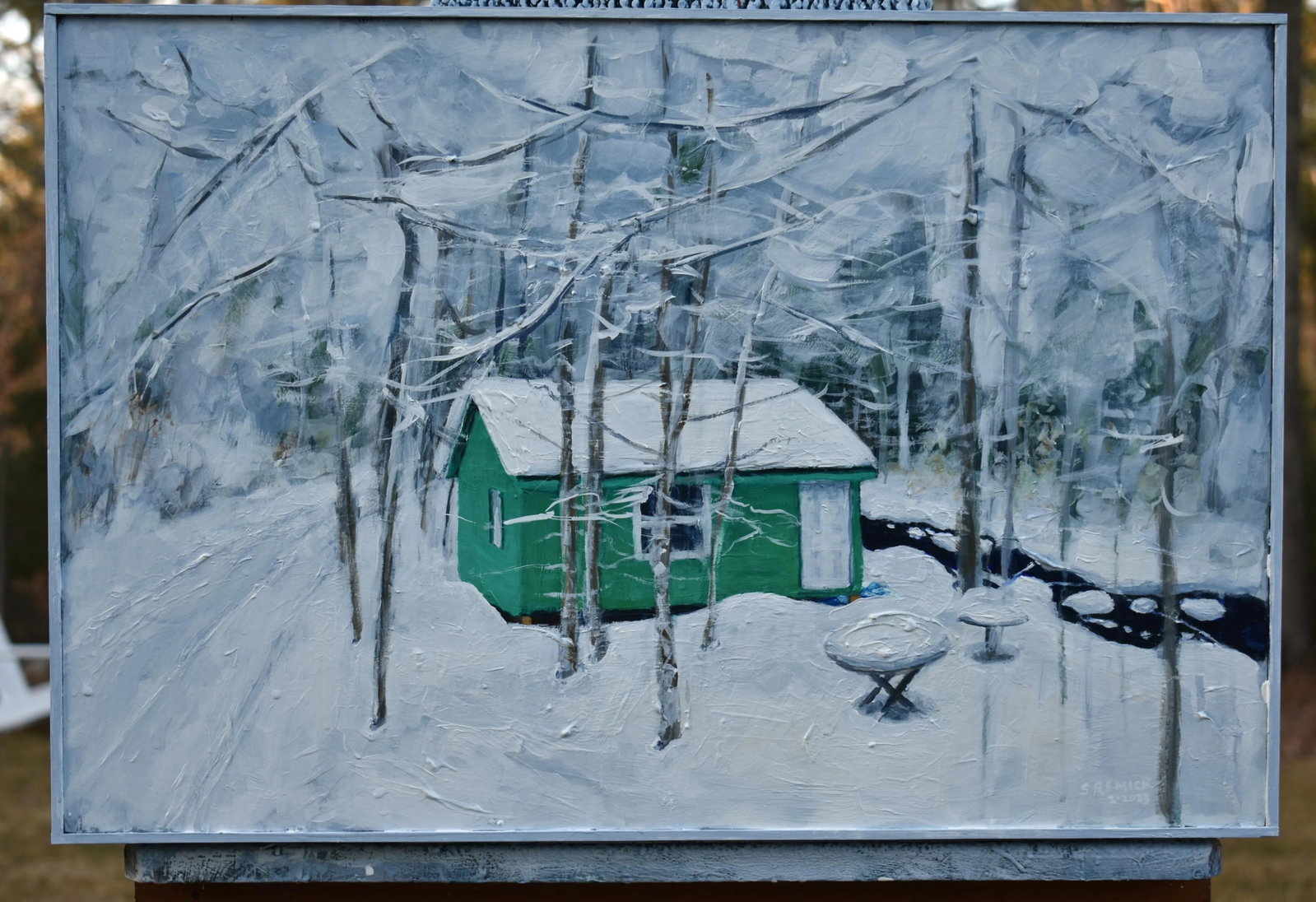 Green Camp in Snow, by Stephen Remick. Contemporary Acrylic Landscape Painting. - 11