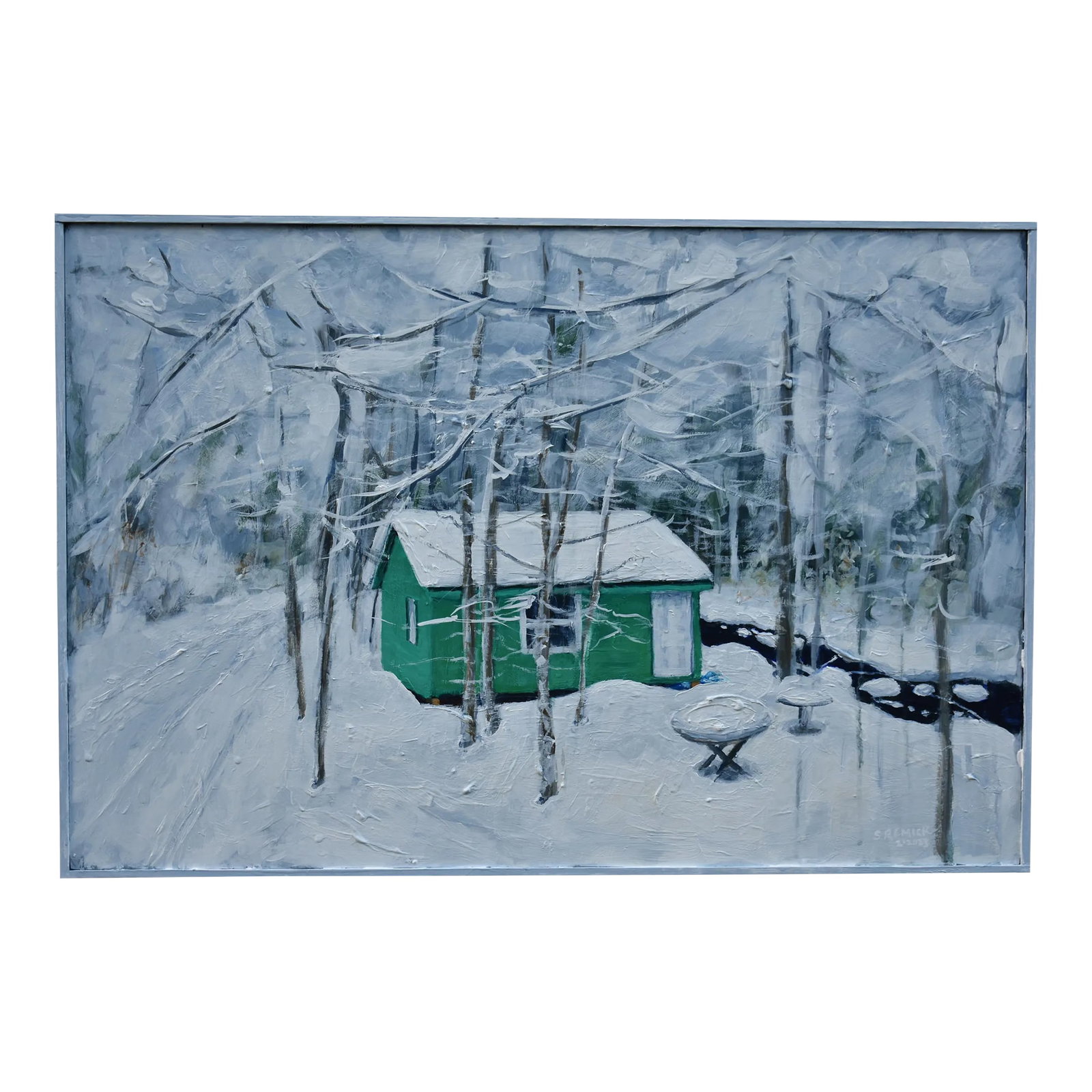 Green Camp in Snow, by Stephen Remick. Contemporary Acrylic Landscape Painting.: A seldom used camp deep in the Vermont woods. Its intense color seemingly showing signs of life in the dead of winter. This is professional grade acrylic paint on a 16" high by 24" wide wood panel. It