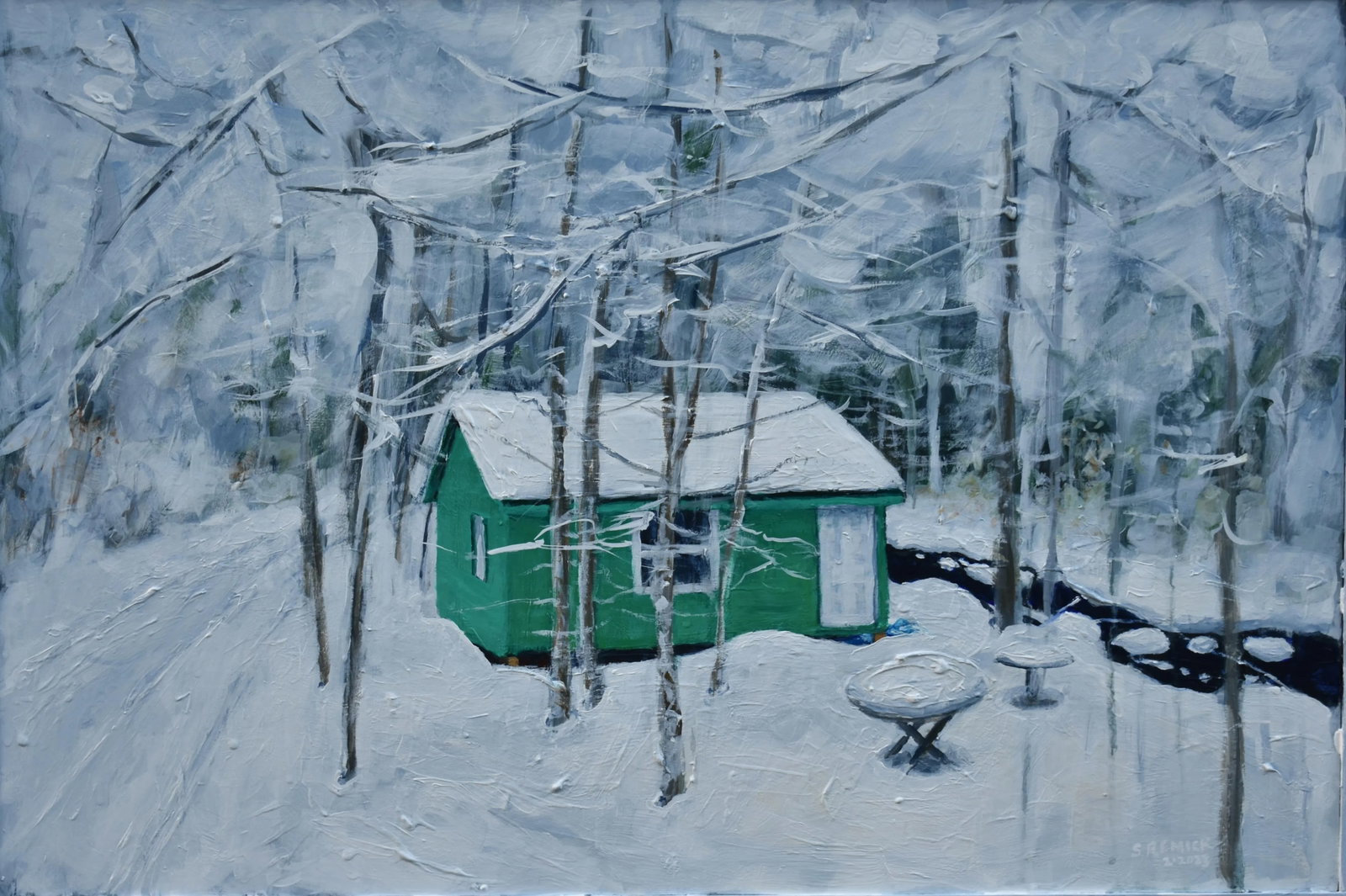 Green Camp in Snow, by Stephen Remick. Contemporary Acrylic Landscape Painting. - 2