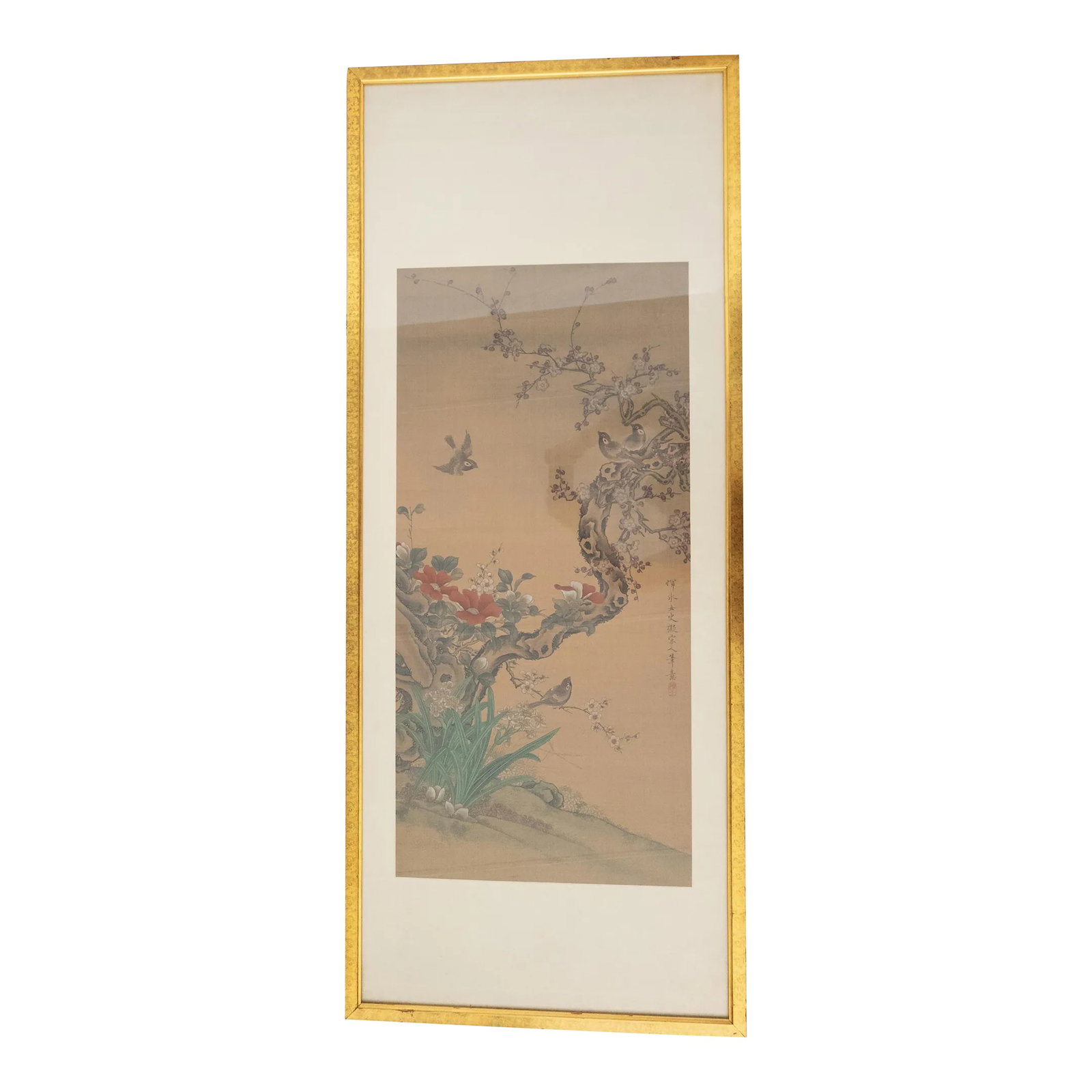 20th Century Chinese Chinoiserie Silk Landscape Scroll Painting: We are selling this decorative Chinese or Japanese scroll. This landscape scroll on silk is signed with an inscription and has nice prunus tree and swallow decoration with narcissus and flowers. The