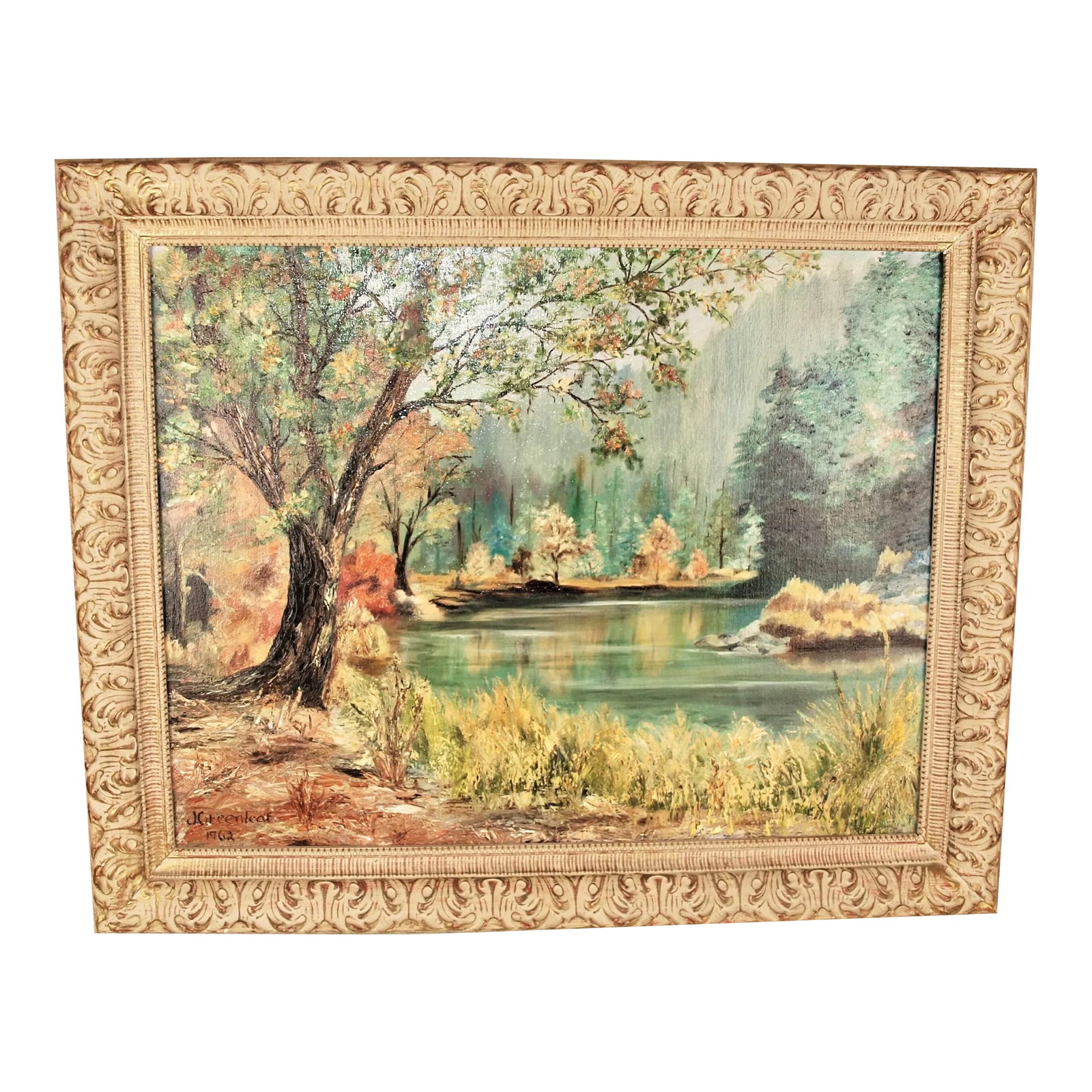 Mid 20th Century Impressionistic Meadow Scene Oil Painting by J Greenleaf: A large mid-century framed oil painting by J. Greenleaf. Scene is of a meadow, trees, and lake. Signed and dated 1962. On the rear painting is named "Blue Lake". Measures overall 33" x 27 1/4" and pai