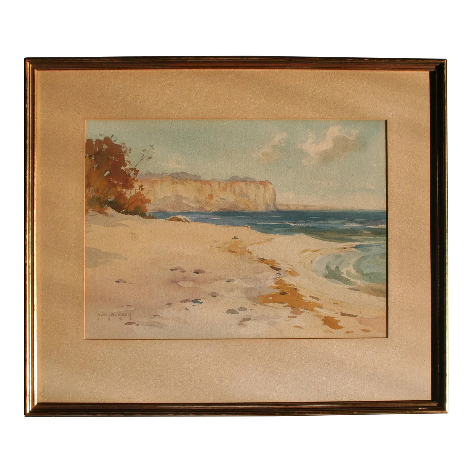 1942 Framed Post-Impressionist Watercolor Painting of Lake Ontario: Watercolor painting featuring cliffs and brilliant water. Striking yet subtle coloration and brush strokes. Label on verso reads "Scarborough Bluffs, Lake Ontario, Canada; Alfred M. Wickson; Original 