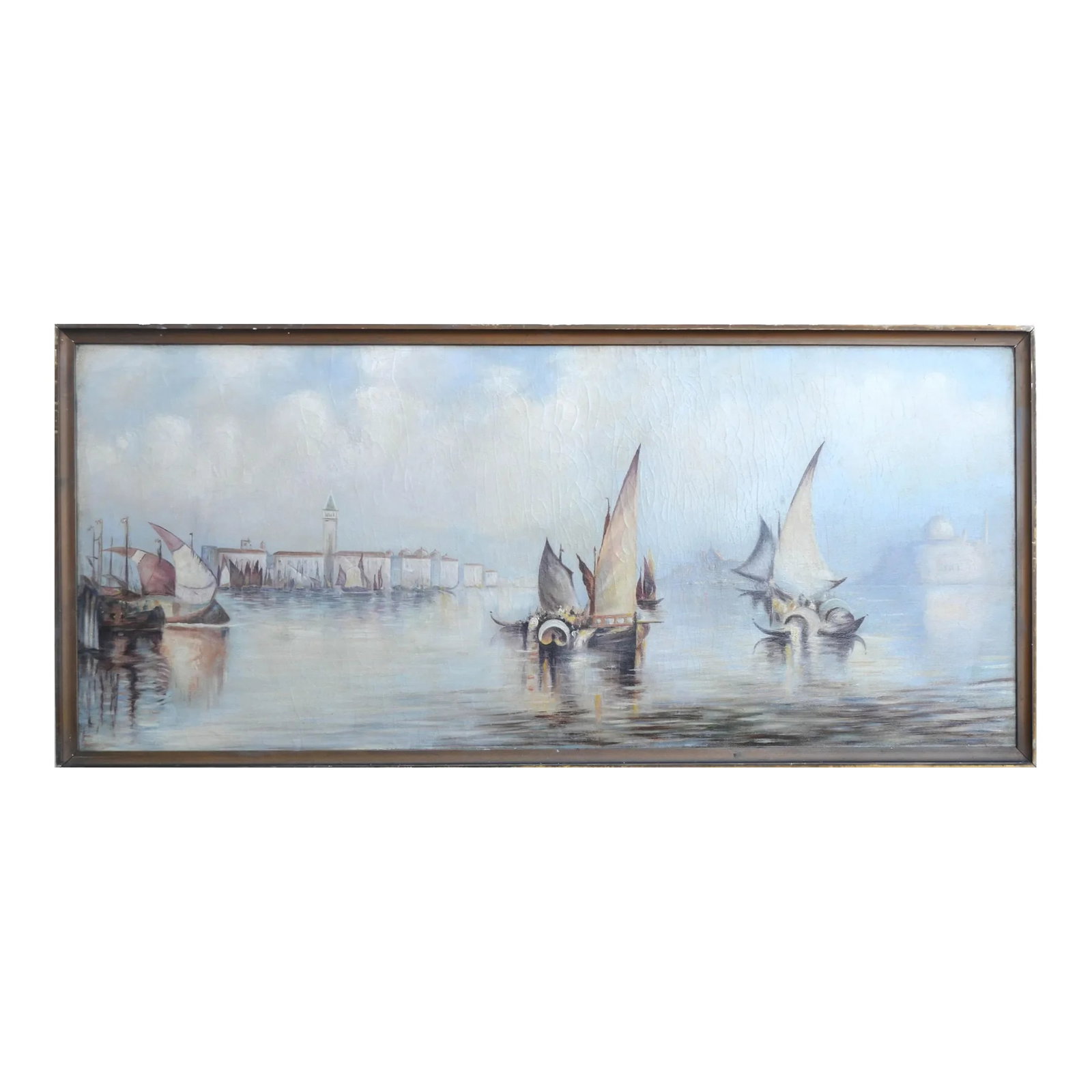 1920s Boats on the Nile Landscape Painting, Framed: Beautiful seascape oil painting of boats sailing on the Nile, showing the city in the background by an unknown artist, c.1920. Unsigned. Rustic frame. Image, 20"H x 44"W. Condition: Alterations: