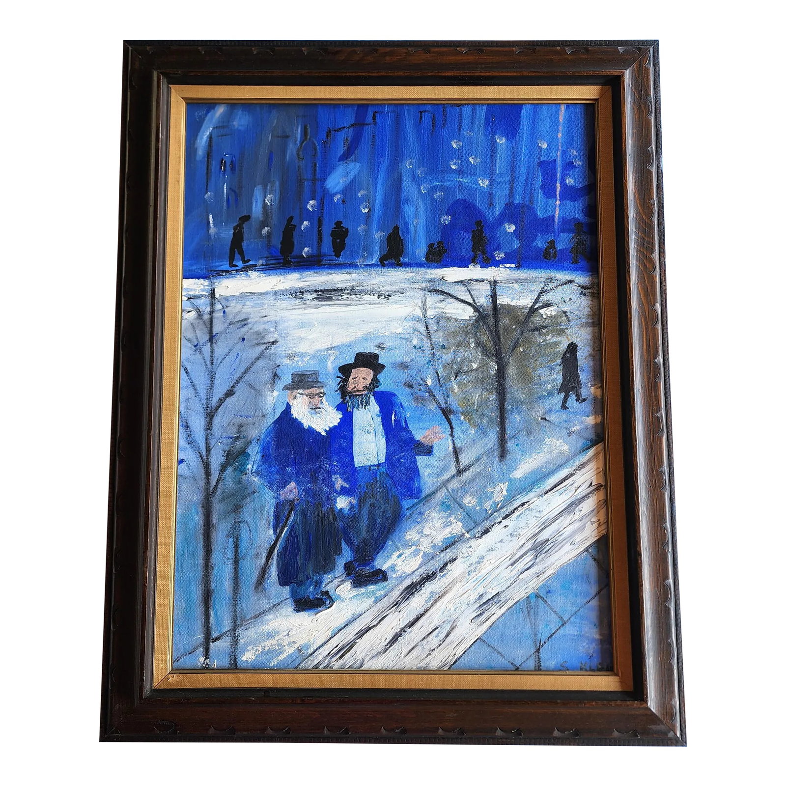 Mid 20th Century "Men in Blue Winter Scene" Folk Art Original Oil Painting by Sybil Klein, Framed: Two men dressed in blue conversing alongside a snow laden street. The striking painting was created by Texas artist Sybil Klein. The rich textures of the brush strokes with various hues of blue