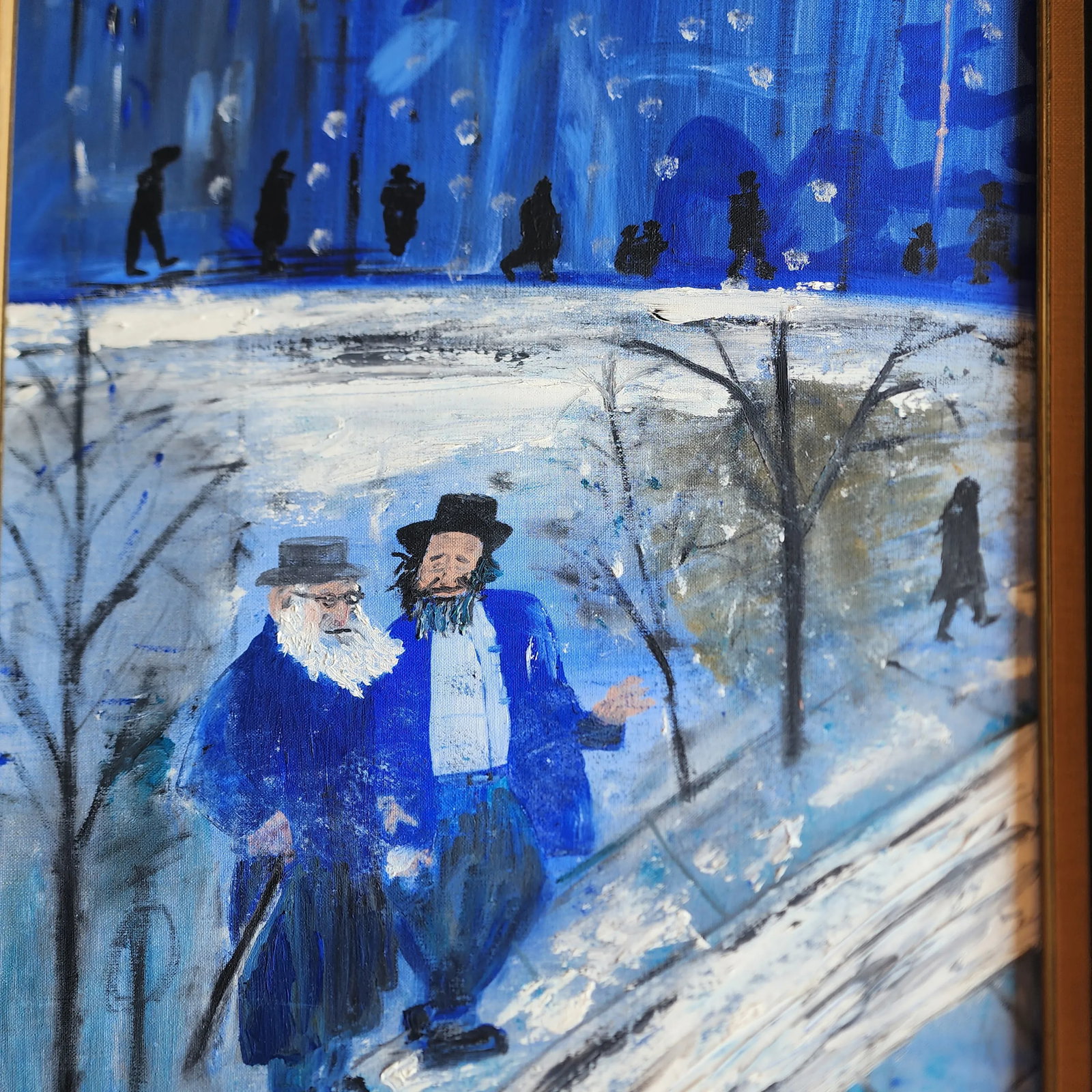Mid 20th Century "Men in Blue Winter Scene" Folk Art Original Oil Painting by Sybil Klein, Framed - 2