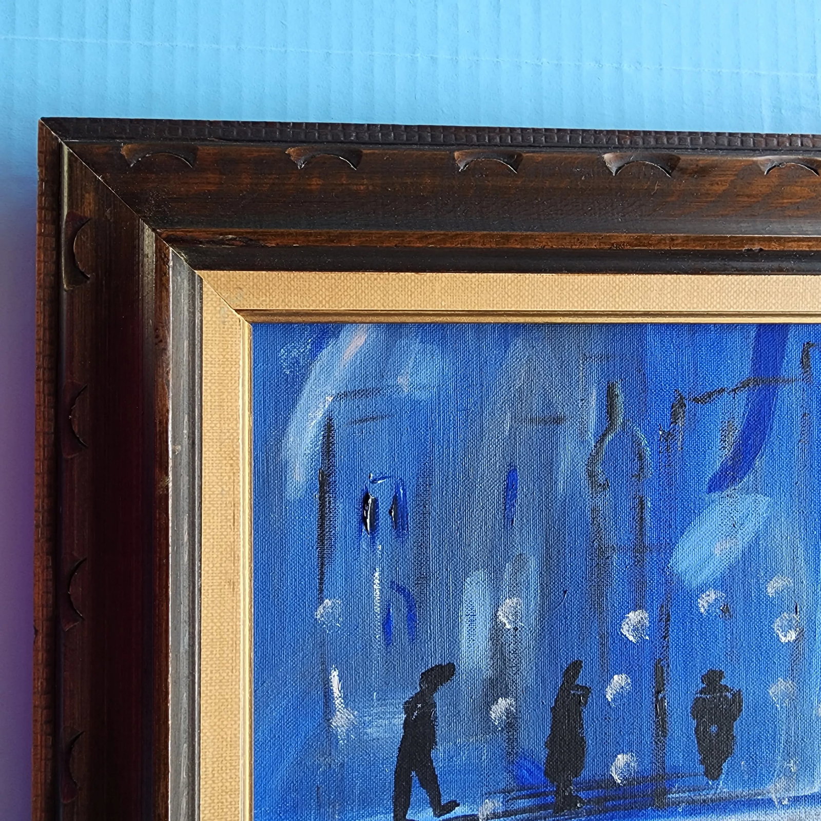 Mid 20th Century "Men in Blue Winter Scene" Folk Art Original Oil Painting by Sybil Klein, Framed - 4