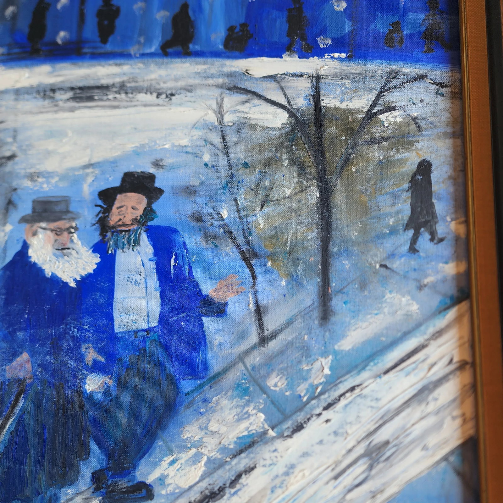 Mid 20th Century "Men in Blue Winter Scene" Folk Art Original Oil Painting by Sybil Klein, Framed - 5