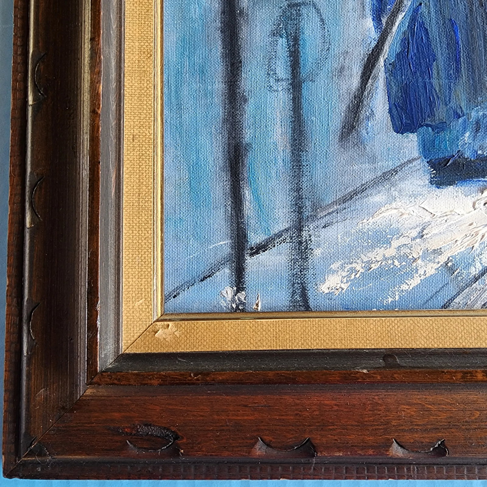 Mid 20th Century "Men in Blue Winter Scene" Folk Art Original Oil Painting by Sybil Klein, Framed - 6