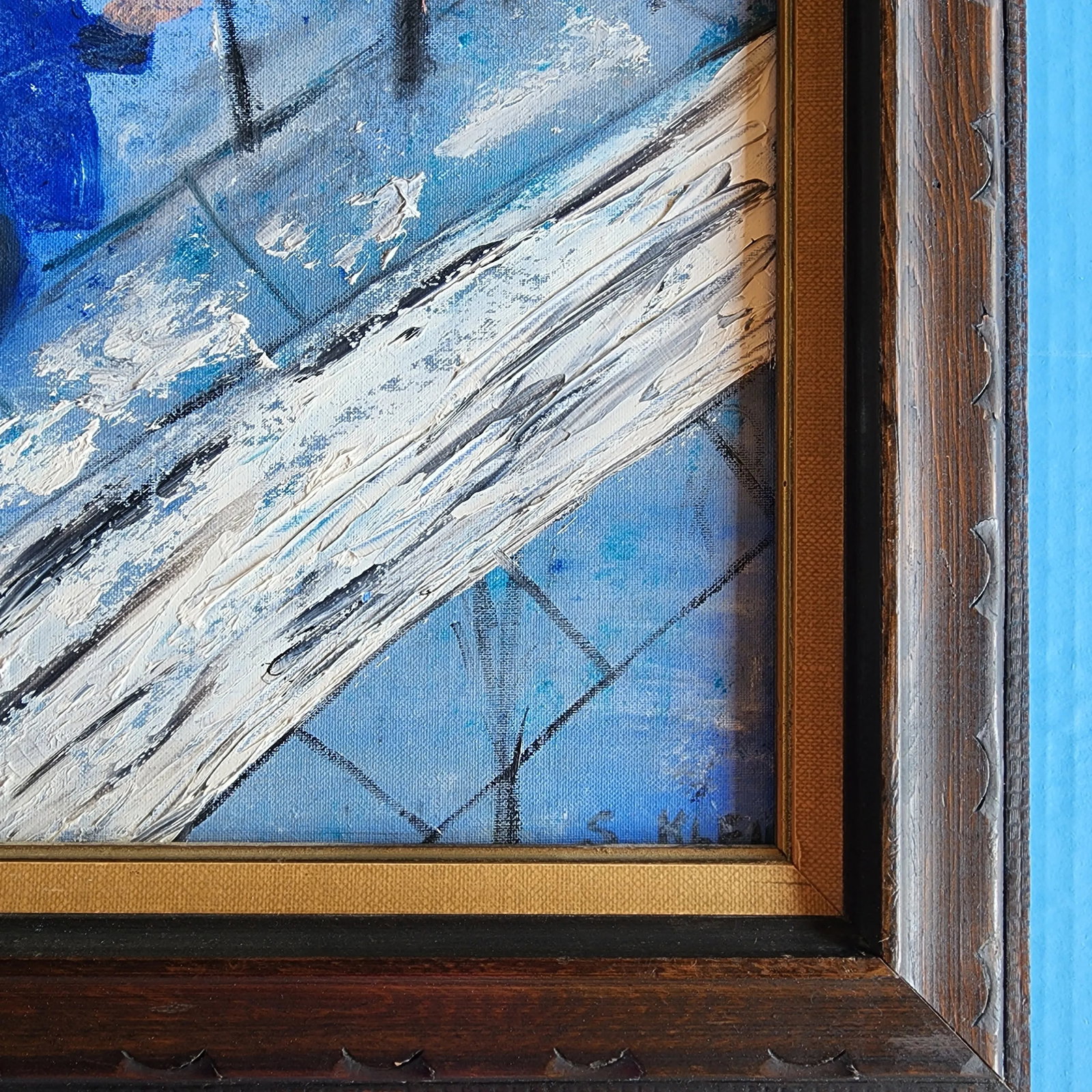 Mid 20th Century "Men in Blue Winter Scene" Folk Art Original Oil Painting by Sybil Klein, Framed - 7