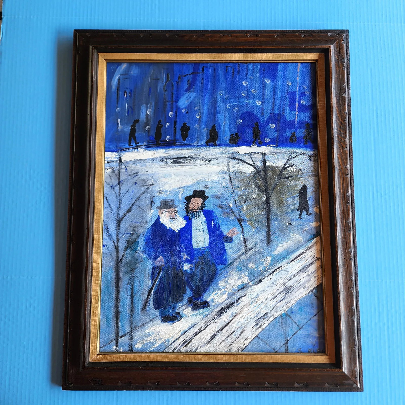 Mid 20th Century "Men in Blue Winter Scene" Folk Art Original Oil Painting by Sybil Klein, Framed - 8