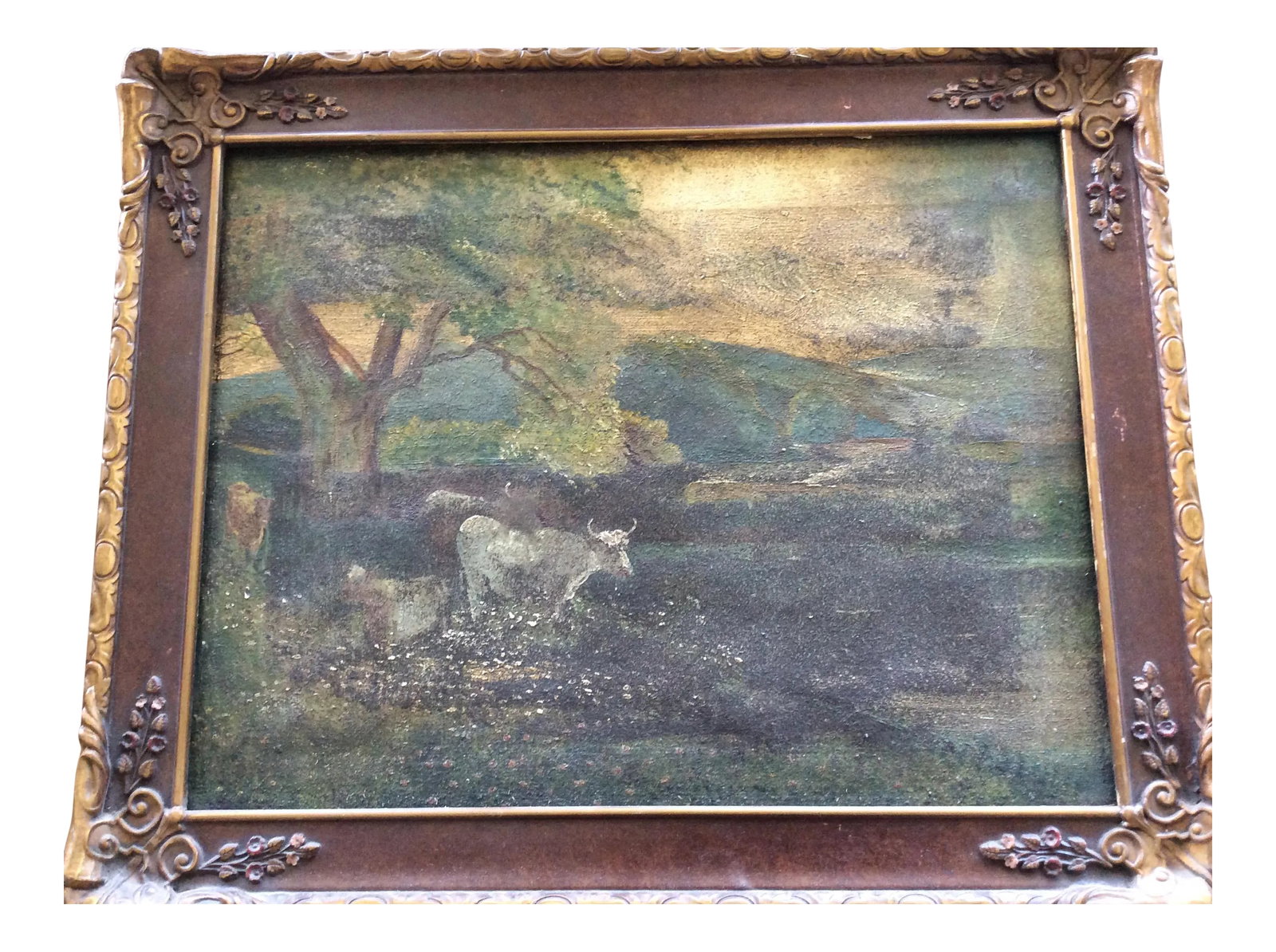 Antique Pastoral Cattle Scene Painting: This old, sweet painting is of cattle in a wonderful pastoral setting. The scene is dark and a bit abstract but charming and authentic. There are some white areas on the canvas that you can see but