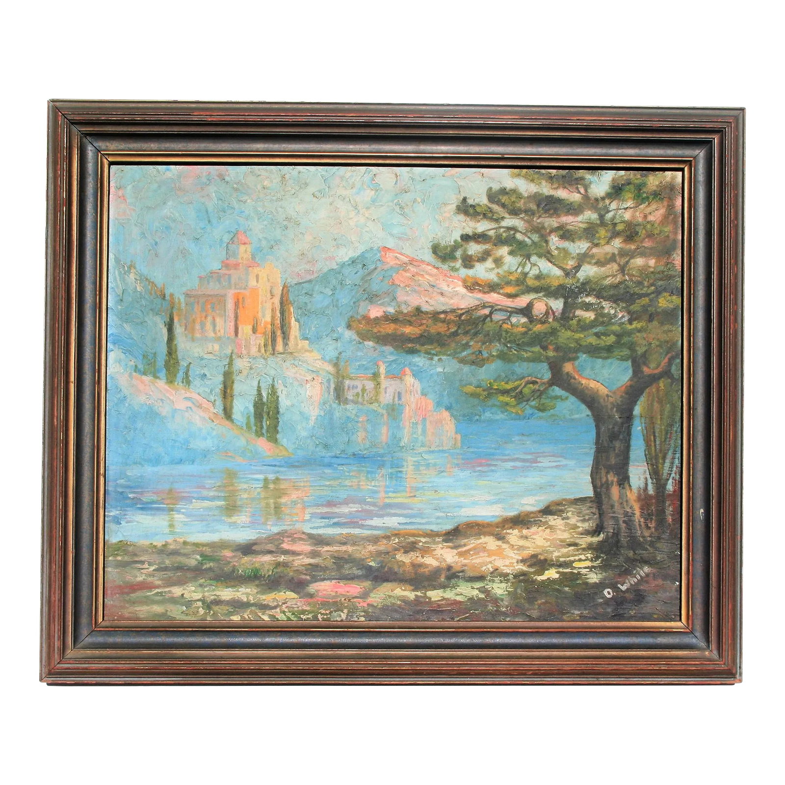 Italian Villa, Vintage Oil Painting: Oil painting of an Italian Villa / Castle in an idyllic lake setting, with thick texture, gorgeous color, and rich patina on both the painting and the frame. Displayed in a painted wood frame with dar