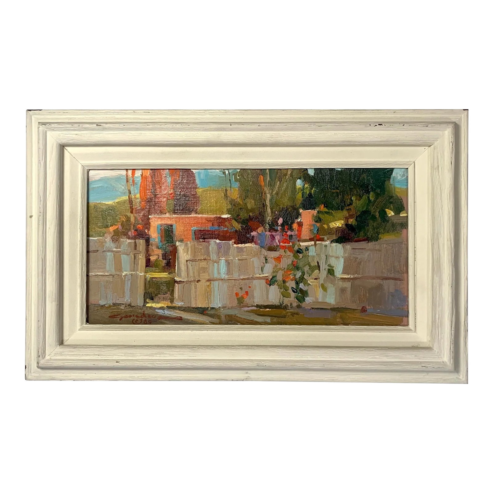 1989 "Santa Fe - Canyon Rd" Oil on Wood Panel Plein Air Painting, Framed: Experience the vibrant colors and rich history of Santa Fe with this stunning plein air oil painting titled "Santa Fe-Canyon Rd." Created in 1989, this masterpiece features a beautiful and painterly