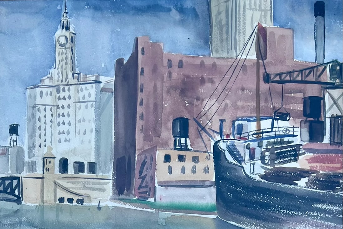 Watercolor Peter Crombie Signed Michigan Ave Bridge Chicago Skyline 1948 - 2