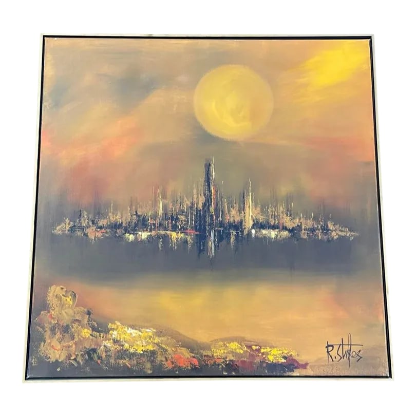 Mid 20th Century Cityscape Signed Painting: 1960s Midcentury modern signed cityscape framed painting. Painting is in excellent condition. 37.25''W | 1.5''D | 37.25''H Swan City Modern Condition: Alterations: Original Condition Unaltered