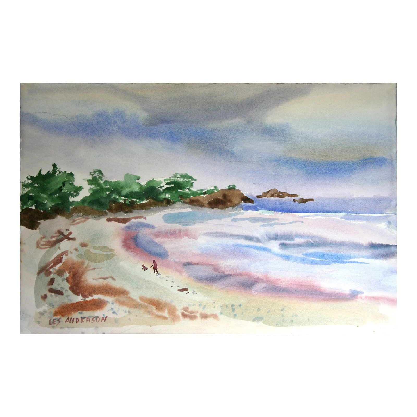 Beach Walk With a Friend Figurative by Les Anderson: A beautiful watercolor painting of high tide and overcast skies; the perfect time for a beach walk with furry friend, by California artist Les (Leslie Luverne) Anderson (American, 1928-2009). From
