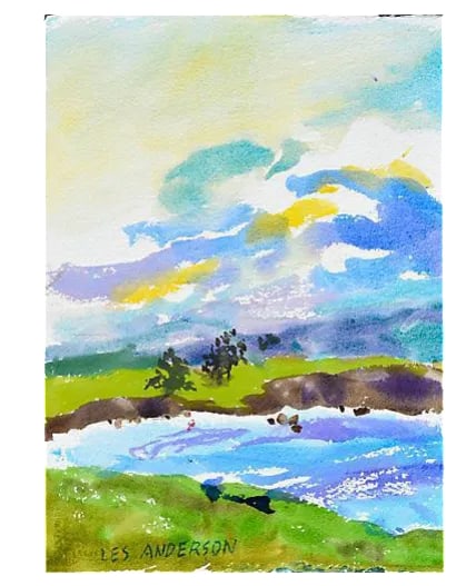Carmel River Flowing by Les Anderson: Watercolor of running stream in Carmel, California by Les (Leslie Luvene) Anderson (American, 1928 to 2009). From the estate of Les Anderson in Monterey, California. Les Anderson owned and operated