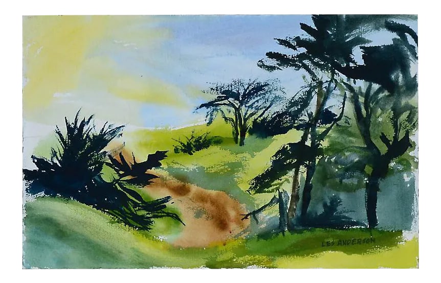 Cypress Point Sunrise by Les Anderson: Landscape of Cypress Point at sunrise by Les (Leslie Luverne) Anderson (American, 1928-2009). Signed "Les Anderson" lower right. On verso, a vertical image of Point Lobos. From the estate of Les