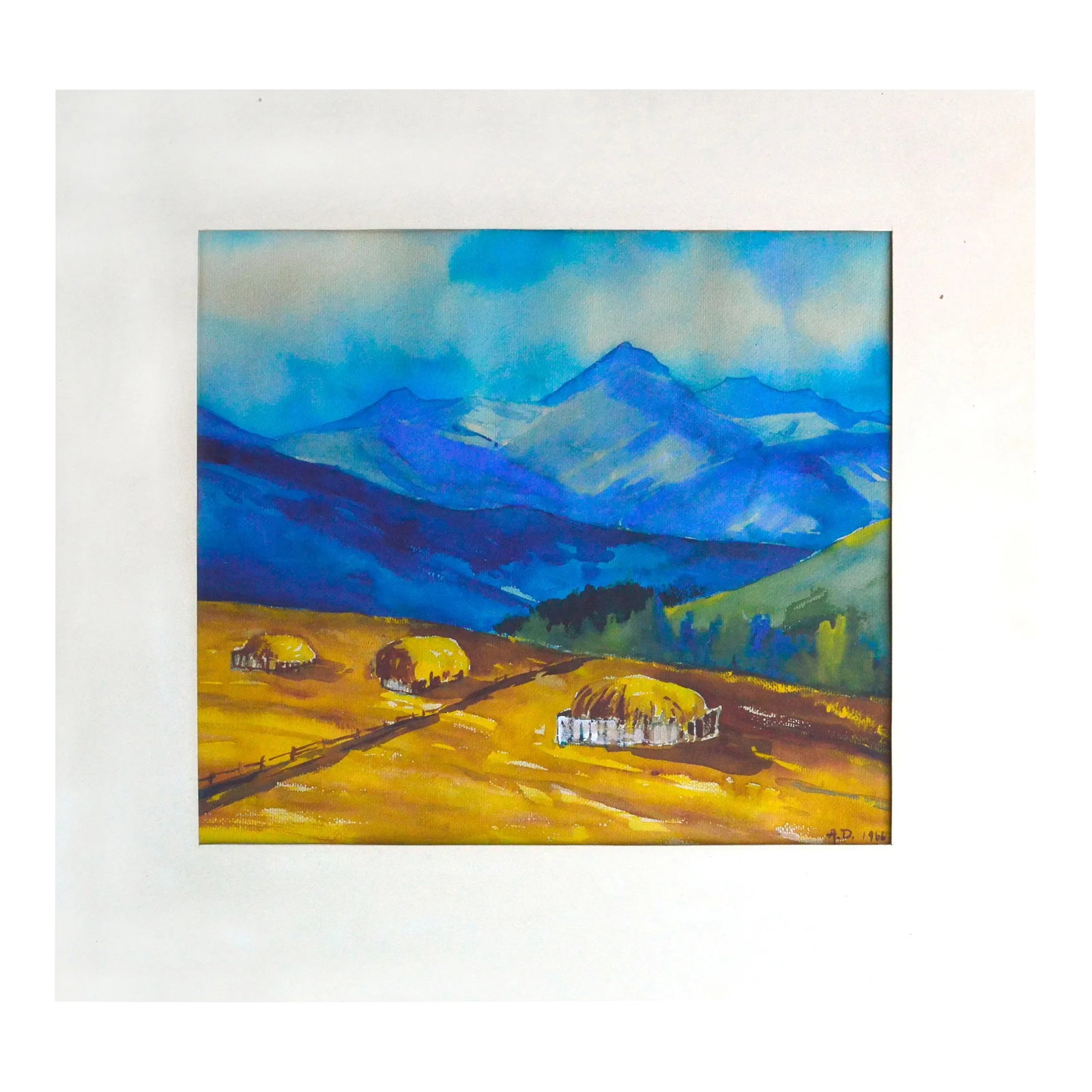 Mid Century Landscape -- Blue Mountain, Golden Hilltop: Vivid mid century watercolor landscape of piercing blue mountains overshadowing a golden valley by an unknown artist. Signed "A.D. 1966" lower right. Presented in a white mat. Unframed. Image, 13"H x 