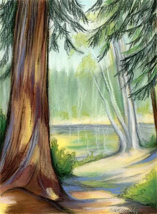 Lake View 2 Contemporary Original Expressionist Landscape Pastel Drawing by Kathleen Ney: Lake View II, plein air waterscape pastel painting done on a sunny morning at a local fishing spot. Mixed media of gesso, acrylic and high quality soft pastels on 9" x 12" prepared watercolor paper, i