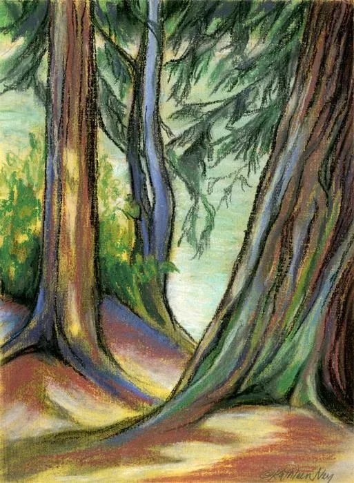 Lake View 1 Contemporary Original Expressionist Landscape Pastel Drawing by Kathleen Ney: Lake View, plein air pastel painting done on a sunny morning at a local fishing spot. Mixed media of gesso, acrylic and high quality soft pastels on 9" x 12" prepared watercolor paper, image size