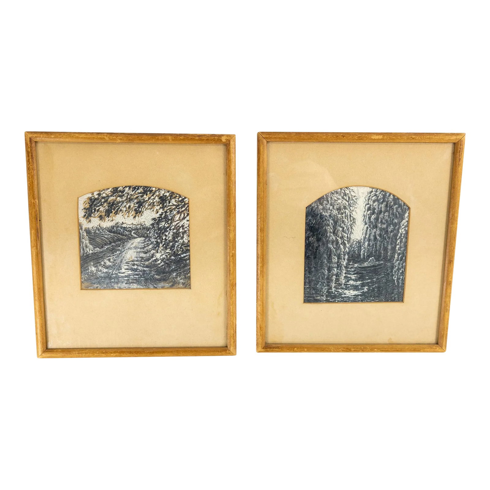 Mid 19th Century Pair of American Grisaille Palette Winter Scene Landscape Gouache Paintings (1 of 9)