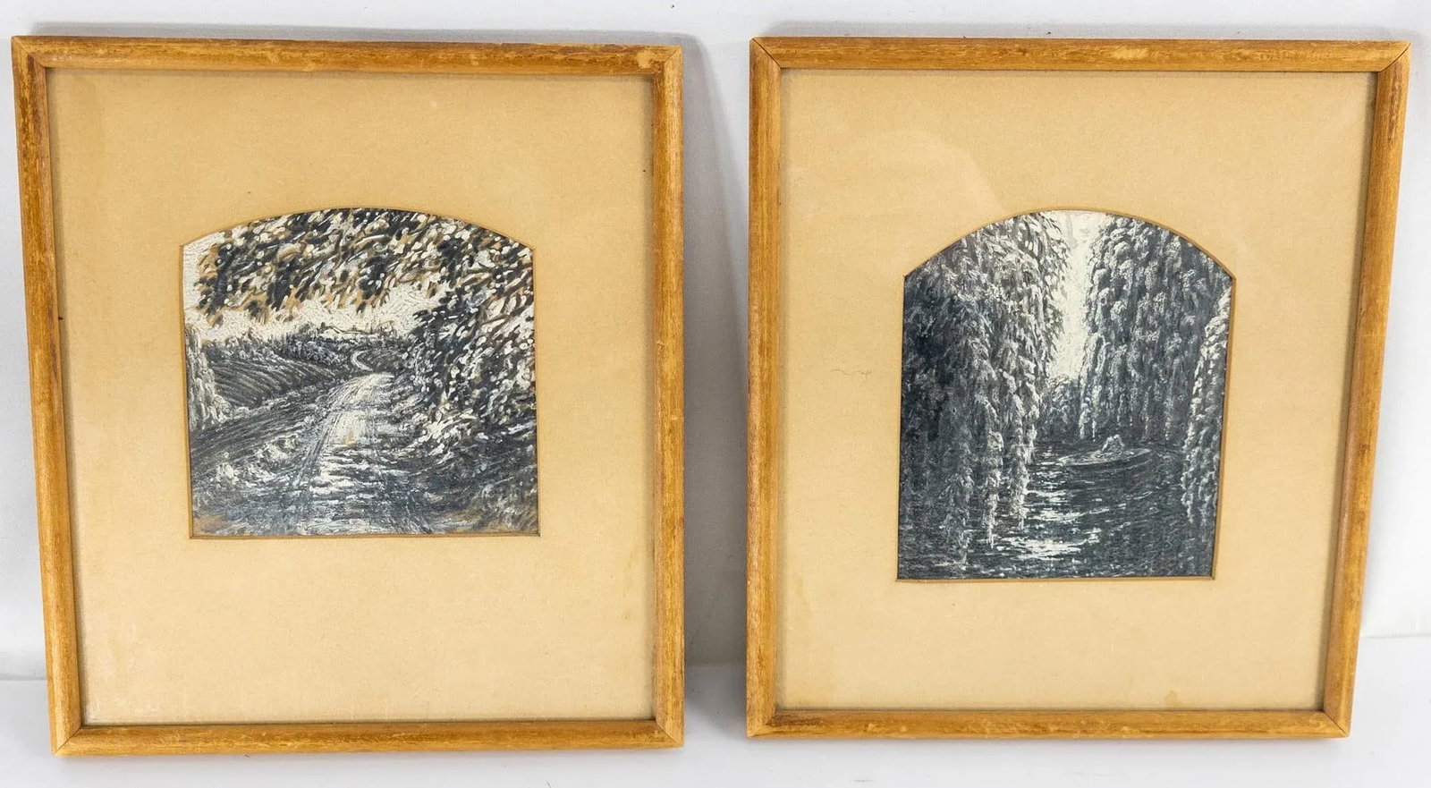 Mid 19th Century Pair of American Grisaille Palette Winter Scene Landscape Gouache Paintings - 9