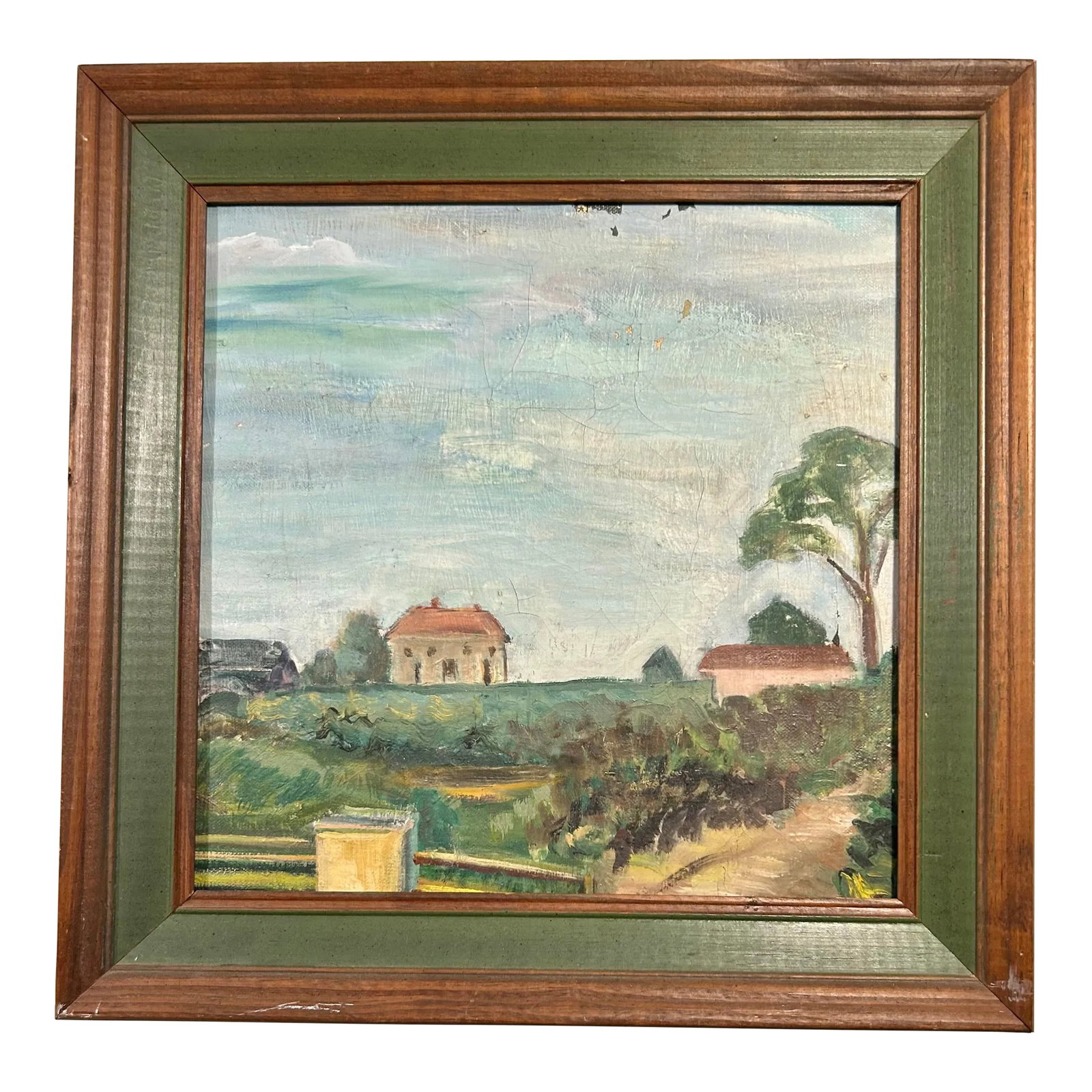 Vintage Rustic Tuscan Farmhouse Landscape Oil Painting With Green Frame Accent Border: This is a vintage oil painting which was just reframed into a vintage frame. It's a pleasing scene reminiscent of a Tuscan farmhouse. This is ready to hang. See the other similar painting in my shop.
