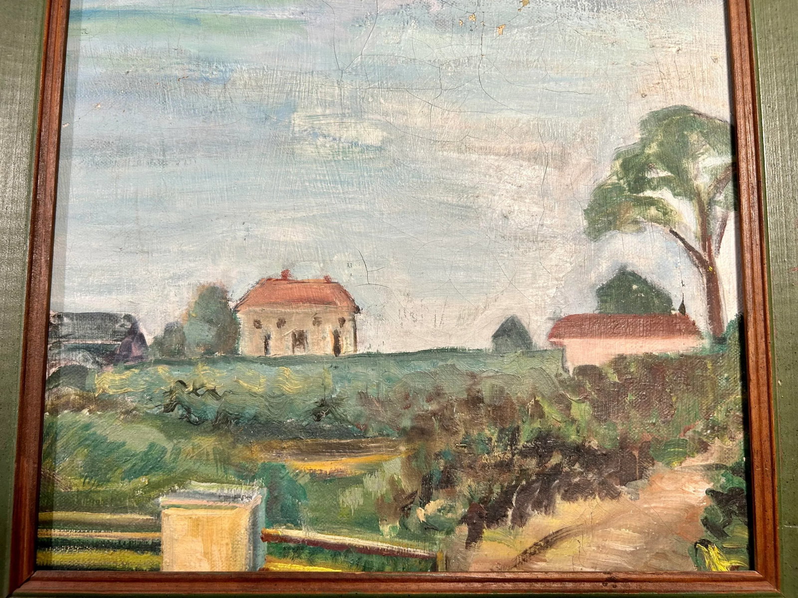 Vintage Rustic Tuscan Farmhouse Landscape Oil Painting With Green Frame Accent Border - 2