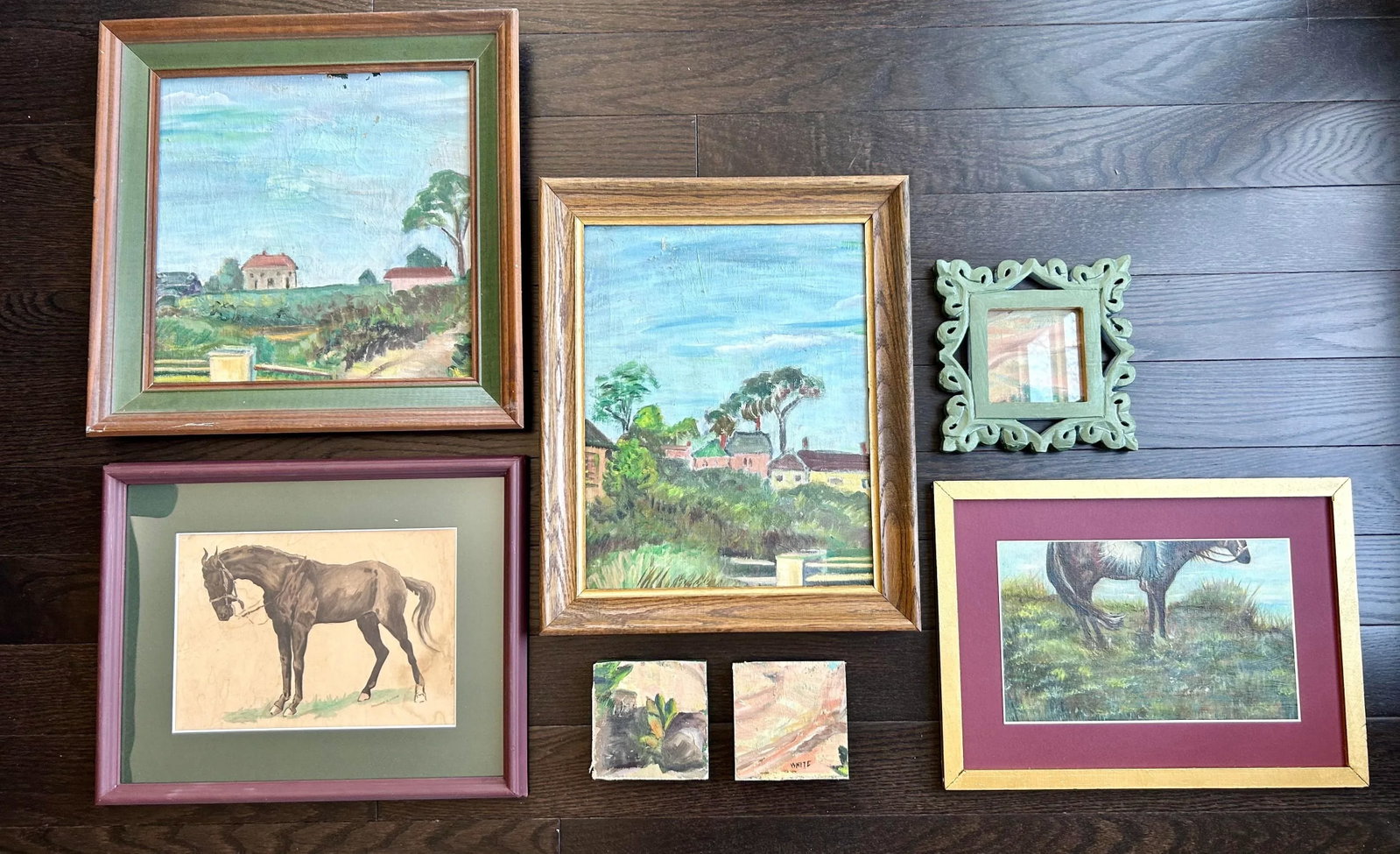 Vintage Rustic Tuscan Farmhouse Landscape Oil Painting With Green Frame Accent Border - 3