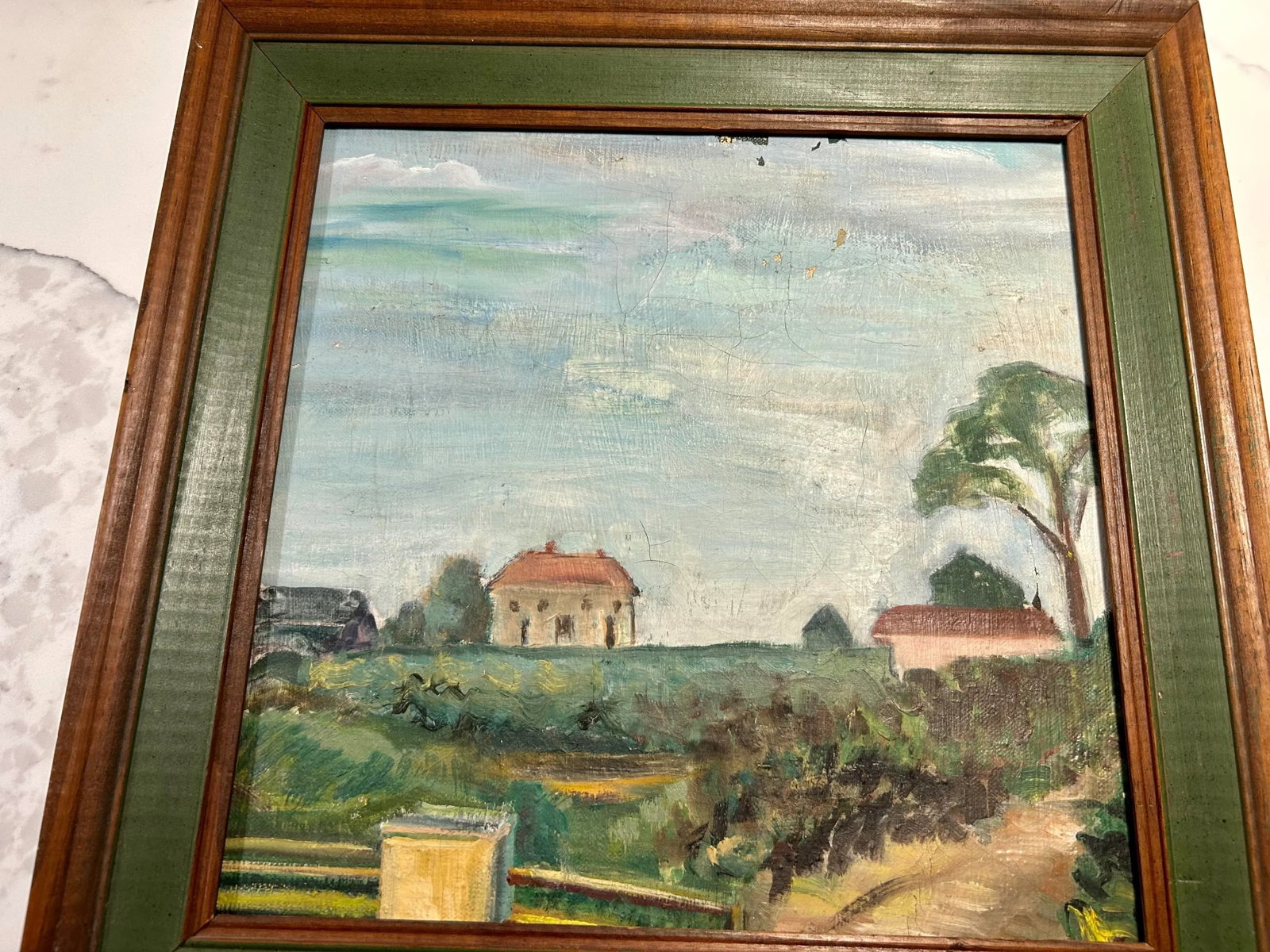 Vintage Rustic Tuscan Farmhouse Landscape Oil Painting With Green Frame Accent Border - 4