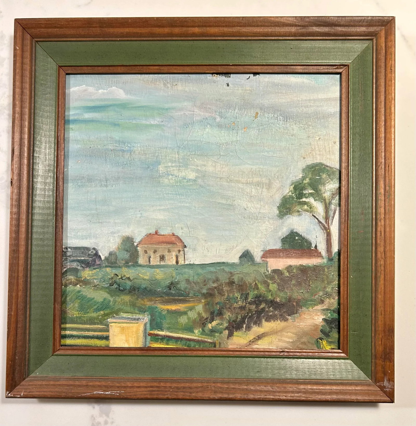 Vintage Rustic Tuscan Farmhouse Landscape Oil Painting With Green Frame Accent Border - 8