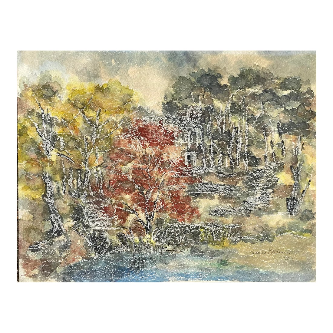 1966 Nadine Vartanian Impressionist Landscape: Landscape watercolor by North Carolina artist Nadine Vartanian (1924 - 2015). Signed and dated lower right. Combined shipping available, please inquire. Shipping times are significantly shorter than C