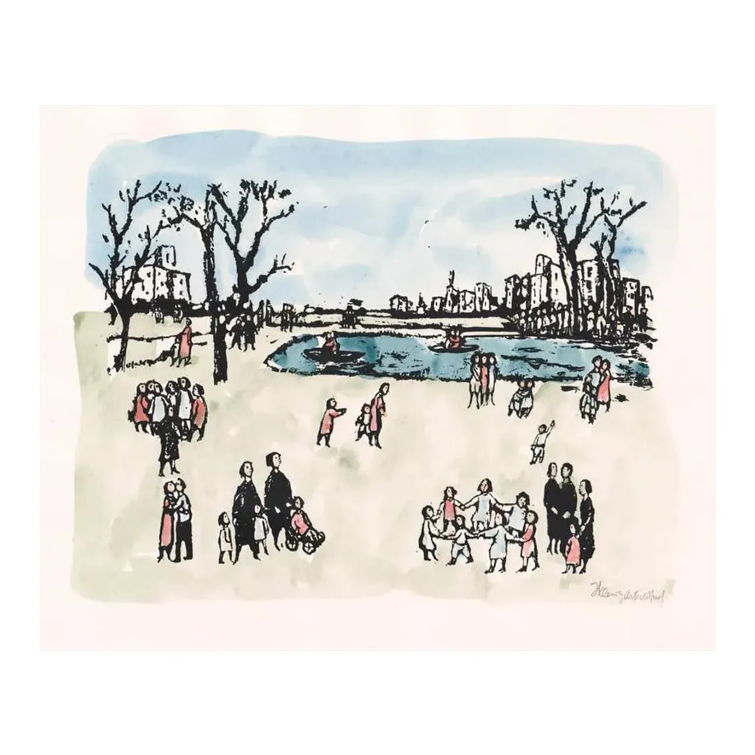 1971 Frank Kleinholz Sunday in the Park Hand Colored Serigraph: MCM screenprint with watercolor by Frank Kleinholz (1901-1987). Pencil signed and noted as an artist's proof. "Sunday in the Park" was published by Associated American Artists (AAA) in 1971. This prin