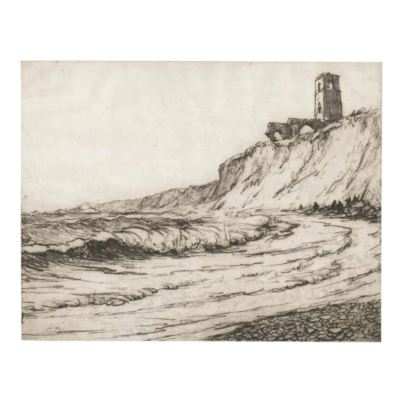 1912 Nelson Dawson Dunwich Coastal Etching: Large scale etching by Nelson Ethelred Dawson (1859-1941) of All Saints Church in Dunwich on the coast in Suffolk, England "Dunwich" or "Crumbling Cliffs of Dunwich" 1912, Pencil signed lower right.