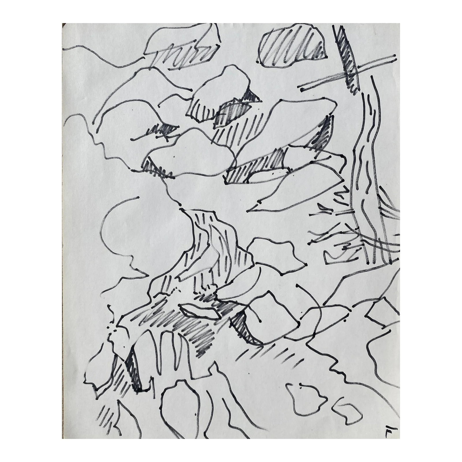 1960s Frank Wallace Rocky Landscape: Landscape marker drawing by Vermont artist Frank Wallace (1915/18-2003). Wallace was born in Toledo, Ohio and grew ip in Massachusetts attending Phillips Academy and Amherst College. He studied at the