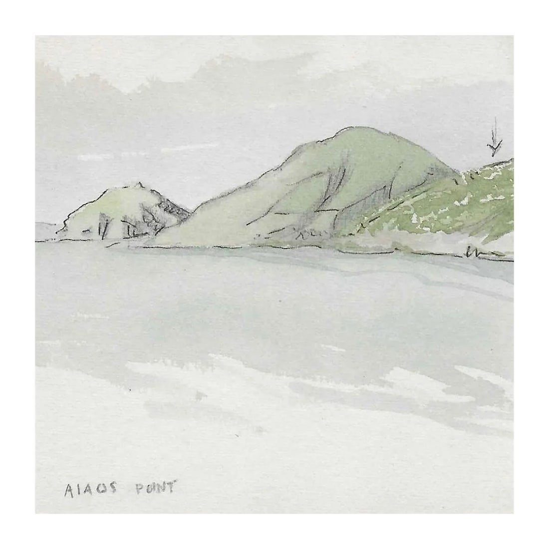 1950s Ivy Attwell Greek Island of Ithaca Watercolor: Painting by English artist Ivy Attwell (1895-1985). Attwell traveled extensively all over the world and recorded her travels from the 1950s until about 1980. Inscribed "Ithaca Aiaos Point" on the fron