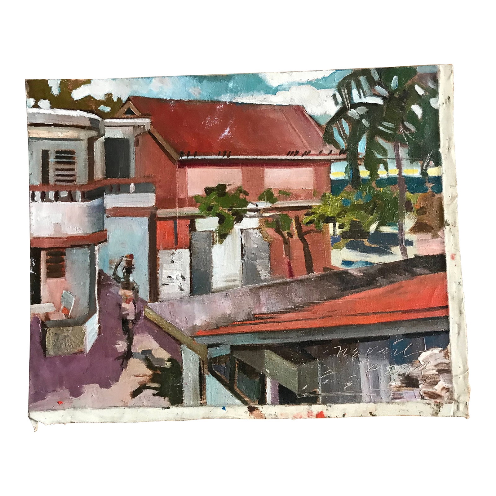 Tropical Paradise Oil Painting: This 1985 original David Beynon Pena oil painting was painted on location on a tropical island. Condition: Alterations: Original Condition Unaltered Imperfections: Some Imperfections Condition Notes: 