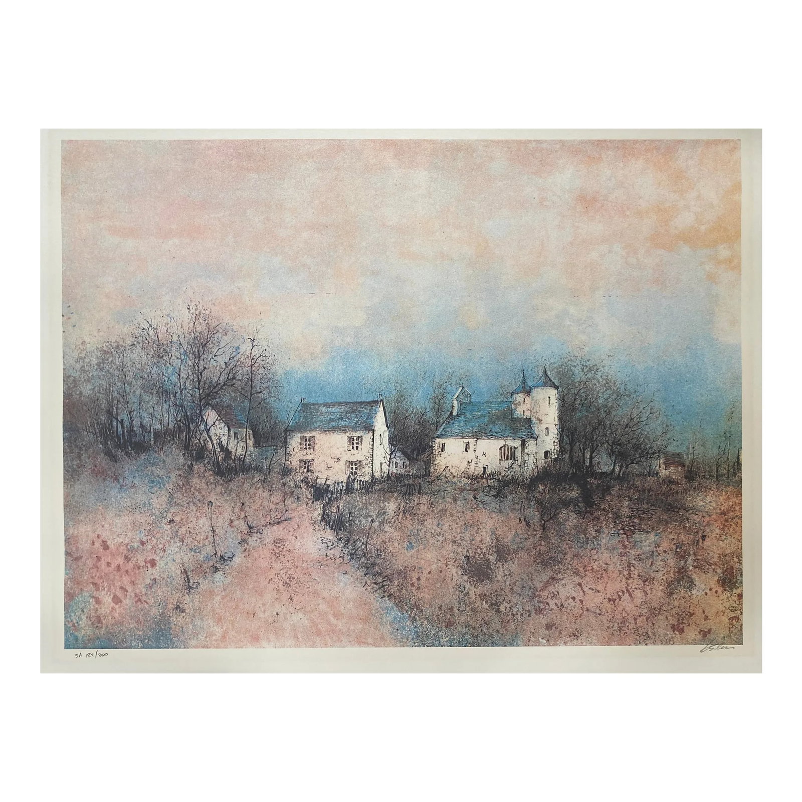 1970s European Landscape Lithograph: 1960s/70s landscape lithograph of country houses. Illegibly pencil signed lower right and numbered 182 of 300. Condition: Alterations: Original Condition Unaltered Imperfections: Some Imperfections