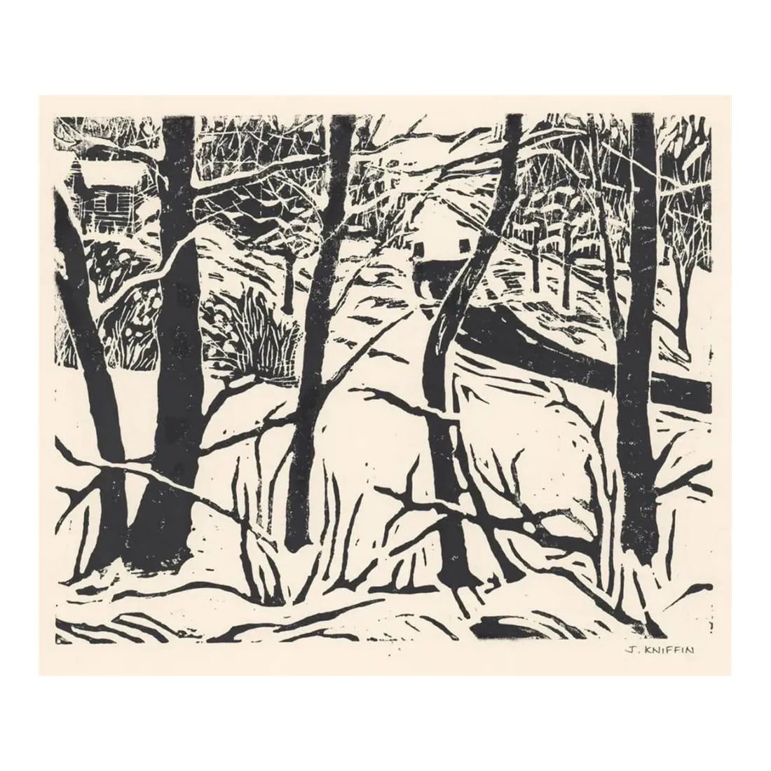 Kniffin Winter Curtain of Trees Snowy Woodblock: J. Kniffin 1990s "Curtain of Trees" landscape woodblock print. Pencil signed, titled on back. Condition: Alterations: Original Condition Unaltered Imperfections: Some Imperfections Condition Notes: