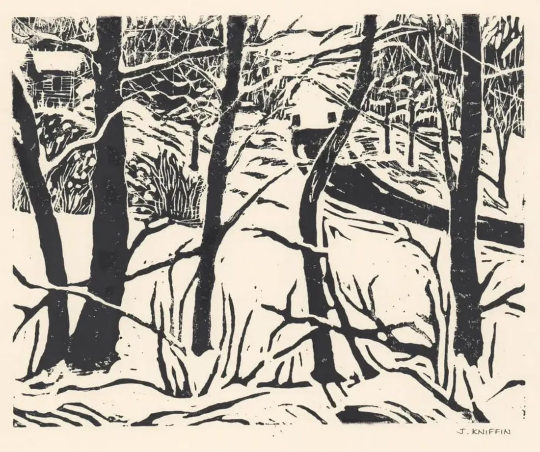 Kniffin Winter Curtain of Trees Snowy Woodblock - 3
