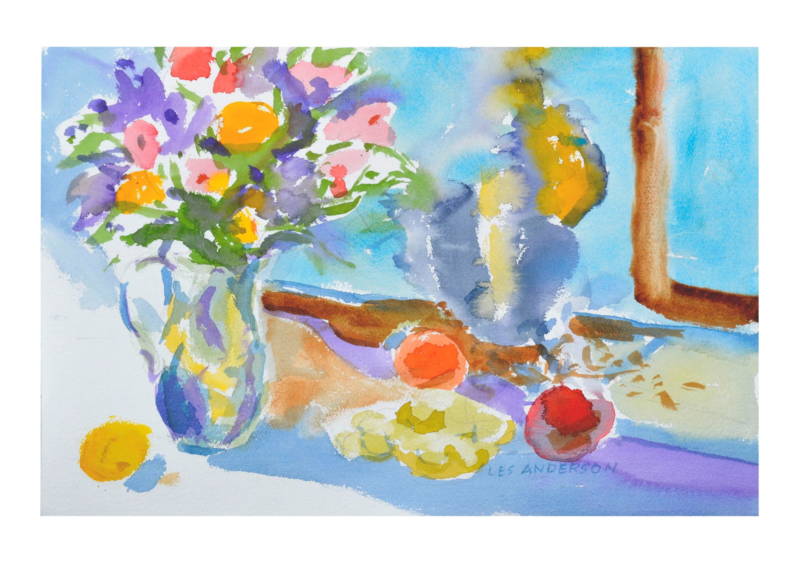 Summer Table #2 Painting: Summer table by Les (Leslie Luverne) Anderson (American, 1928 to 2009). Les Anderson owned and operated the Bear Flag Gallery in San Juan Bautista, California for many years. He is known for his